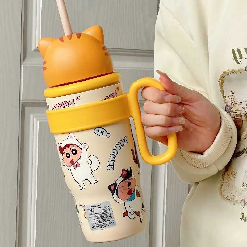 Crayon ShinChan Cartoon Handle Water Bottle 316 Stainless Steel Thermos Large Capacity Straw Cup Tabletop Bottle Children Gift C251008