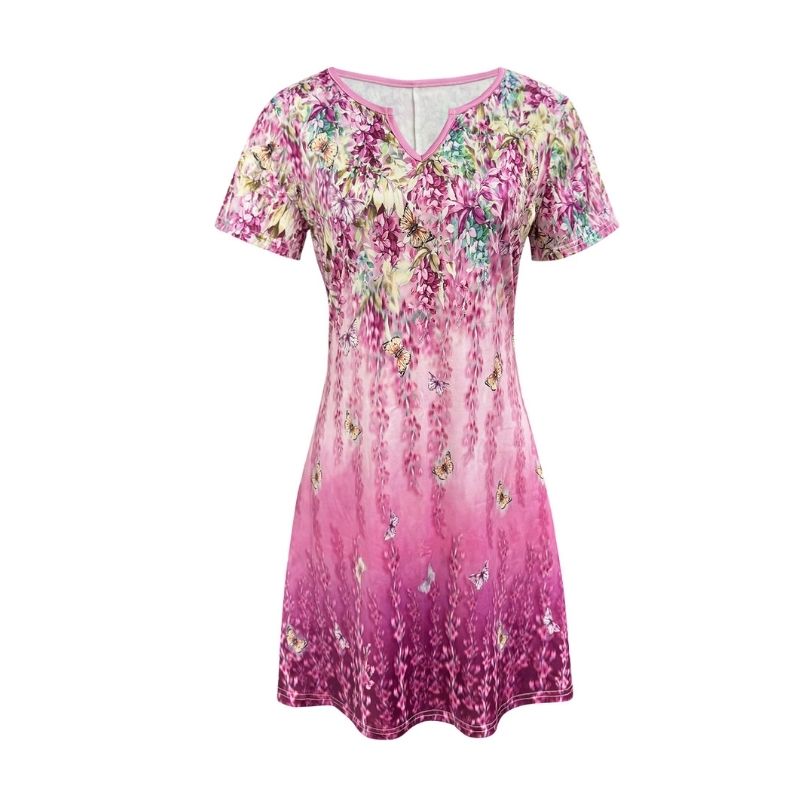Women's V-Neck Short Sleeve Dress Floral Butterfly Print Milk Silk Gradient Pink Midi Dress Mother Vacation-CF52402