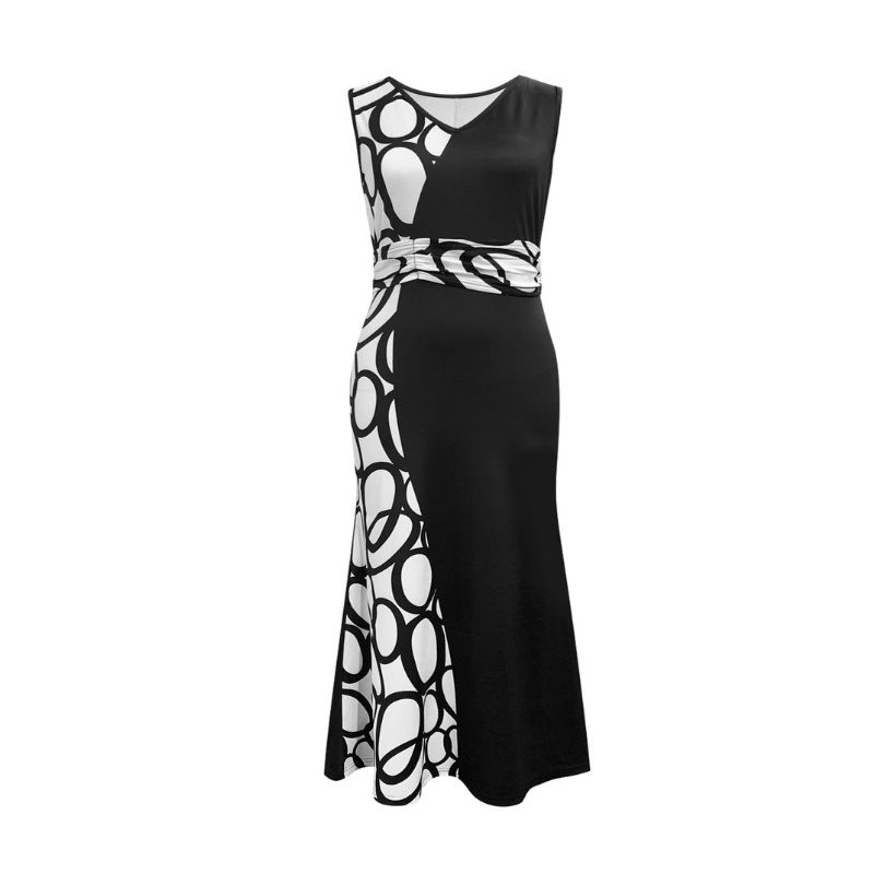 Women's Plus Size V-Neck Bodycon Dress Black White Abstract Circle Print Milk Silk Mermaid Dress 1XL-5XL Wholesale-YL25395