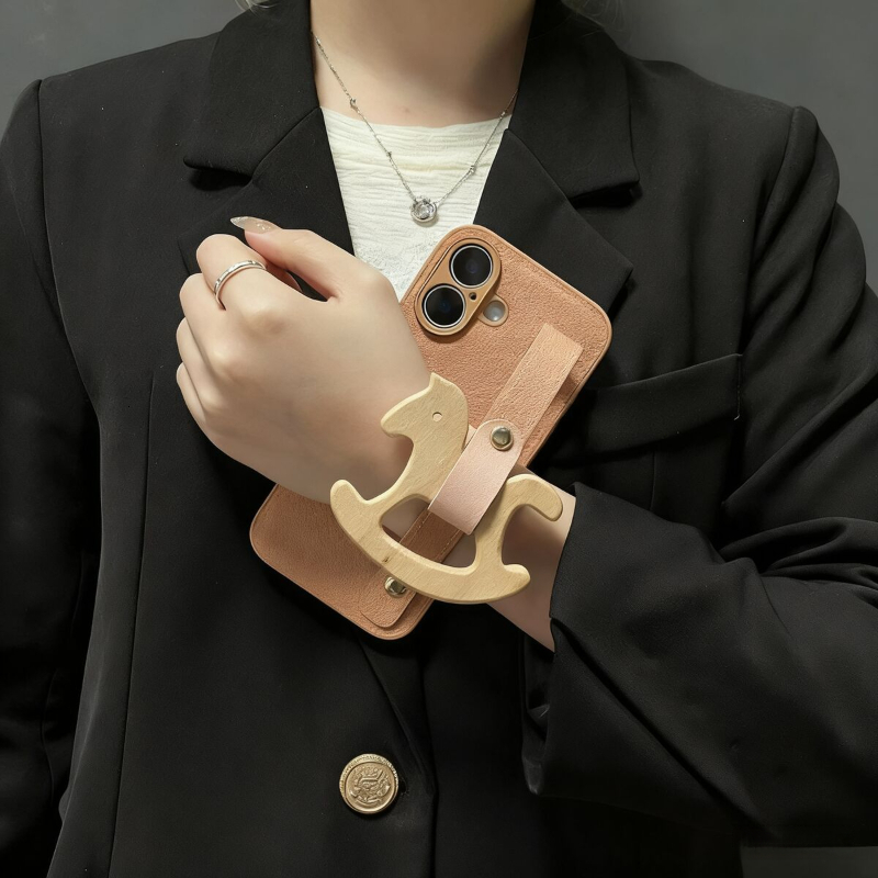 for iPhone 17 Pro Max Case with Wrist Strap Pink Moon Crater Pattern Wooden Horse Design with Adjustable Wristband Kickstand Shockproof TPU Protection