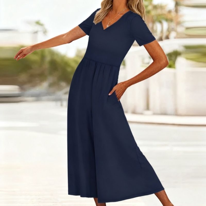 Women's Navy Blue Milk Silk Jumpsuit V-Neck Short Sleeve Wide Leg Romper French Casual Style-CF56091