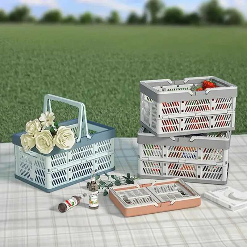 Heavy Duty Folding Storage Basket Portable Picnic Camping Box with Handle Large Plastic Container for Supermarket Shopping C251008