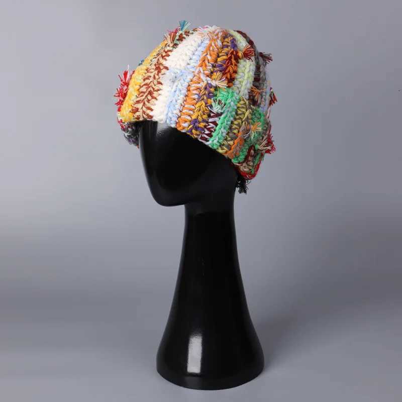 Handmade Heavy Industry Multistrand Twist Mixed Color Knitted Wool Hat Dopamine Color Womens Winter Warm Overhead Beanie CapXJ251008