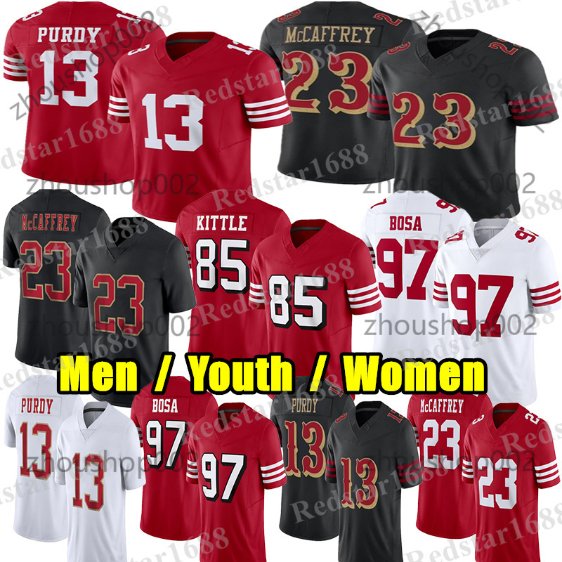 23 Christian McCaffrey Football Jersey 13 Brock Purdy George Kittle Nick Bosa Fred Warner Jerry Rice Joe Montana Young Mac Jones Brandon Aiyuk Mykel W