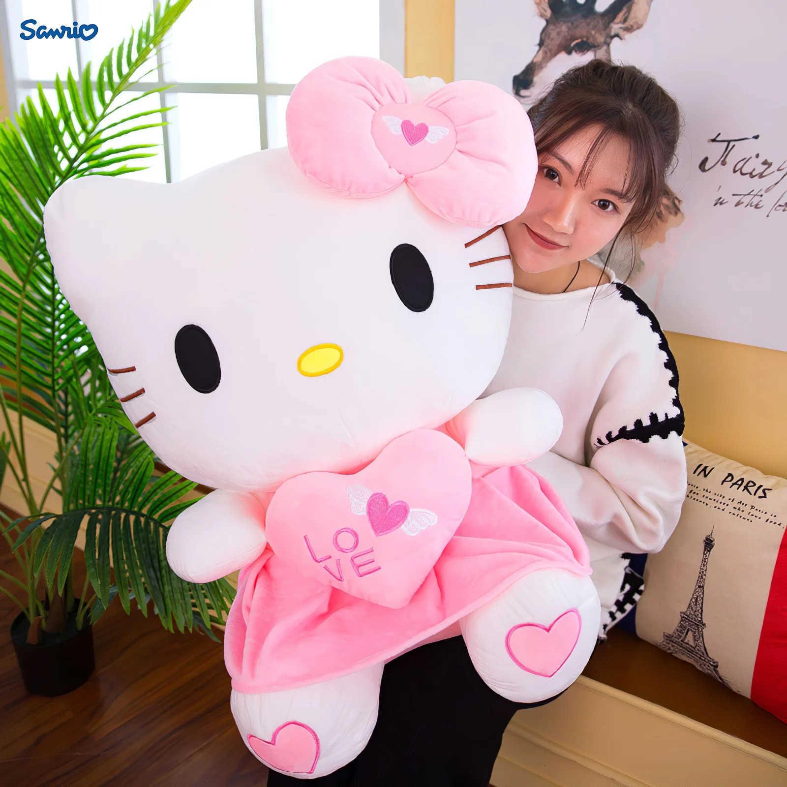 Sanrio 70cm Cartoon Hello Kitty Plush Toy Kawaii Hug Heart Angel Kt Cat Soft Stuffed Doll Cute Pillow Large Size Birthday Gift H251111