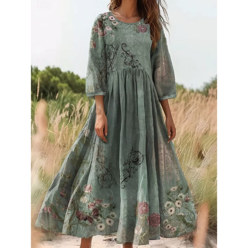 Women's Floral Print Milk Silk Mid-Sleeve Dress Army Green Loose A-Line Maxi Dress Spring Summer Vacation Outfit-CF56032