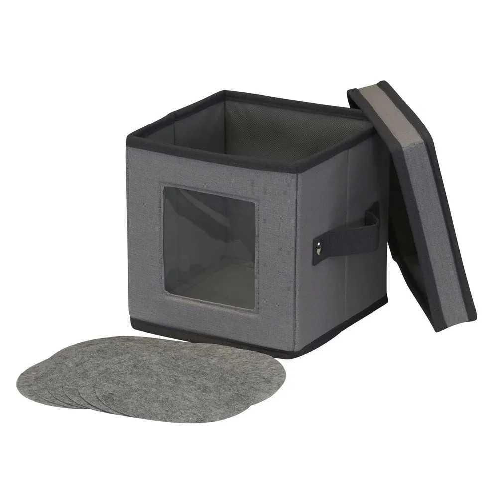Foldable Saucer Storage Box Holds 12 Saucers with Felt Protectors Stackable Design Windowed Panel Reinforced Handles Space Saver C251008