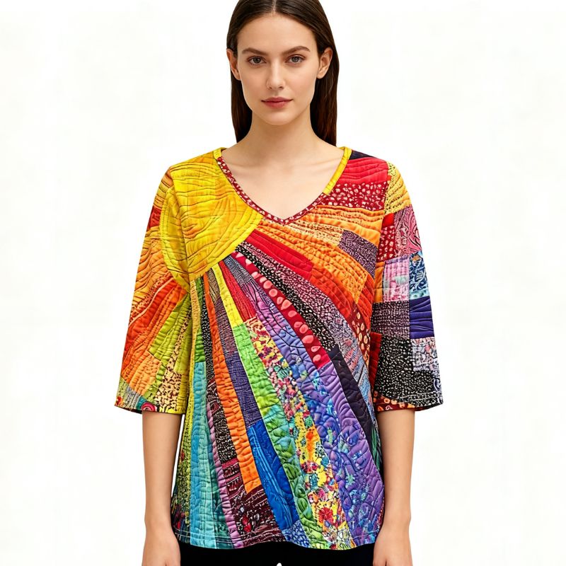 Women's Milk Silk V-Neck Patchwork Blouse Bohemian Style Quilted Tunic Multi-Color Mixed-CF53738