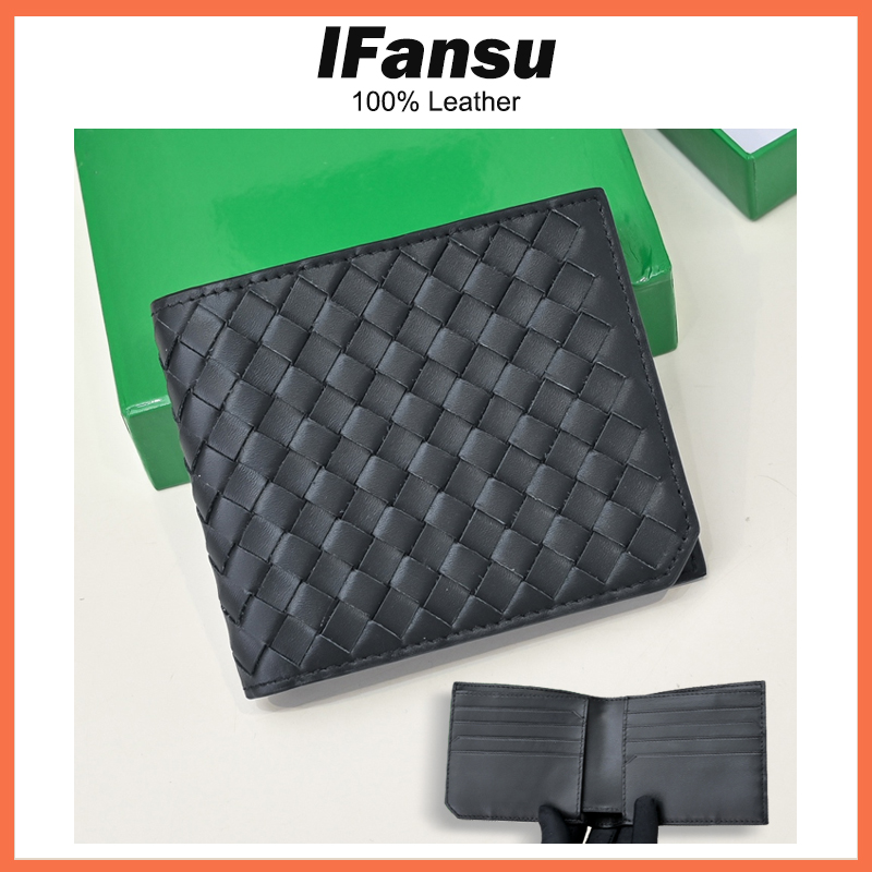 Men's Simple Leather Woven Wallet Short Business Portable Bank Card Holder Black