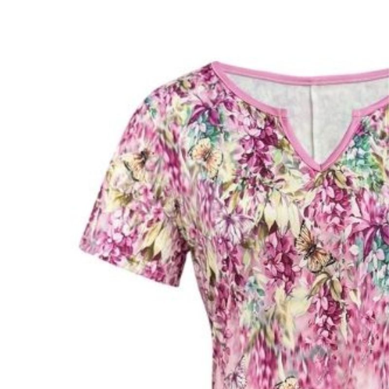 Women's V-Neck Short Sleeve Dress Floral Butterfly Print Milk Silk Gradient Pink Midi Dress Mother Vacation-CF52402