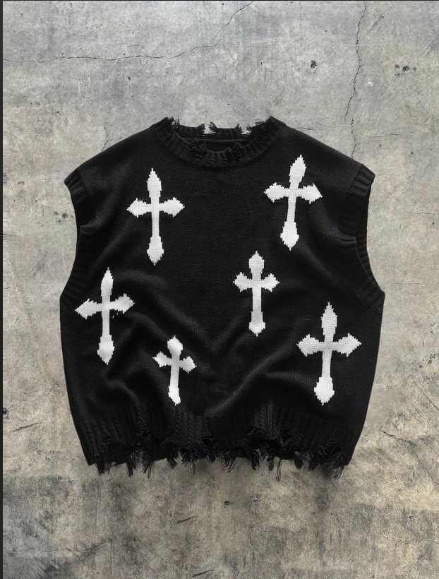 Harajuku Fashion Mens and Womens Couple Fall and Winter Sweater Y2K Cross 90s Gothic Fitted Round Neck Tops Clothing 250819