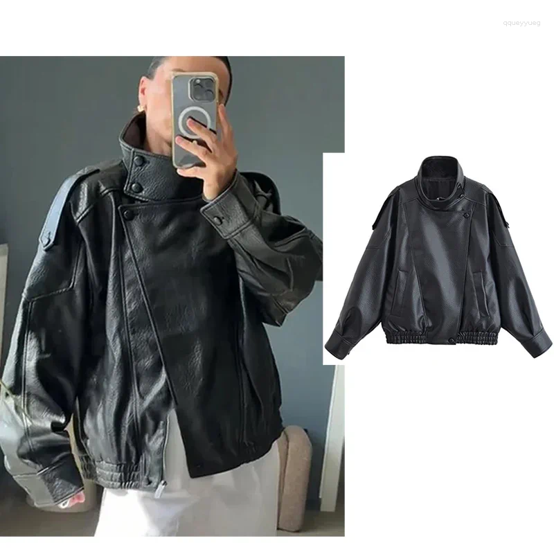 Women's Jackets Autumn Fashion High Street Leather Jacket Lady Outwears Stand Collar PU Full Sleeve Double Button Solid Motocycle