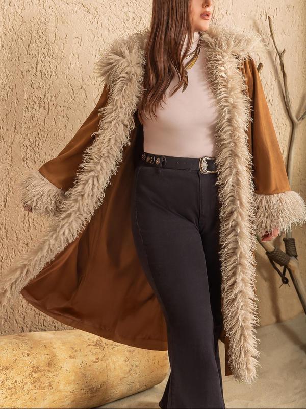 Artificial fur patch work thick coat womens lapel fur loose long sleeved warm coat winter casual pocket coat 241107