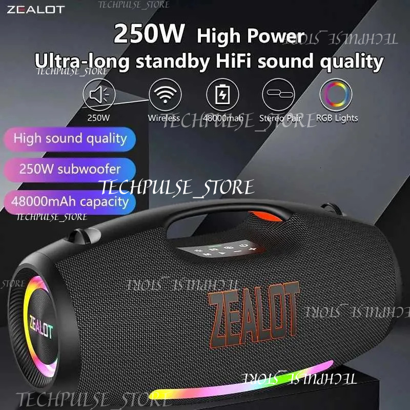 Zealot S89 250W Portable Bluetooth Speaker High Volume Waterproof 48000Mah tech73 Wireless TWS Subwoofer Suporrt Usb/Tf/Aux RGB Light. R250725 TYME