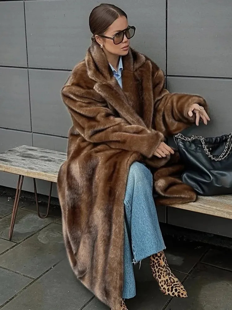 Fashion Mixed Color Lapel Faux Fur Overcoat Woman Elegant Full Sleeve Loose Long Coat Winter Lady Warm High Street Outwear 2501008