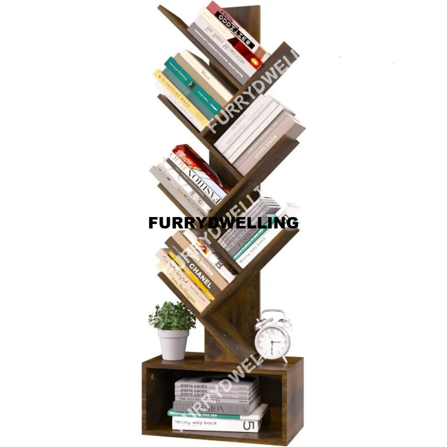 Tree Bookshelf - 6 Dwe74 Shelf Retro Floor Standing Bookcase, Tall Wood Book Storage Rack For Cds/Movies/Books,