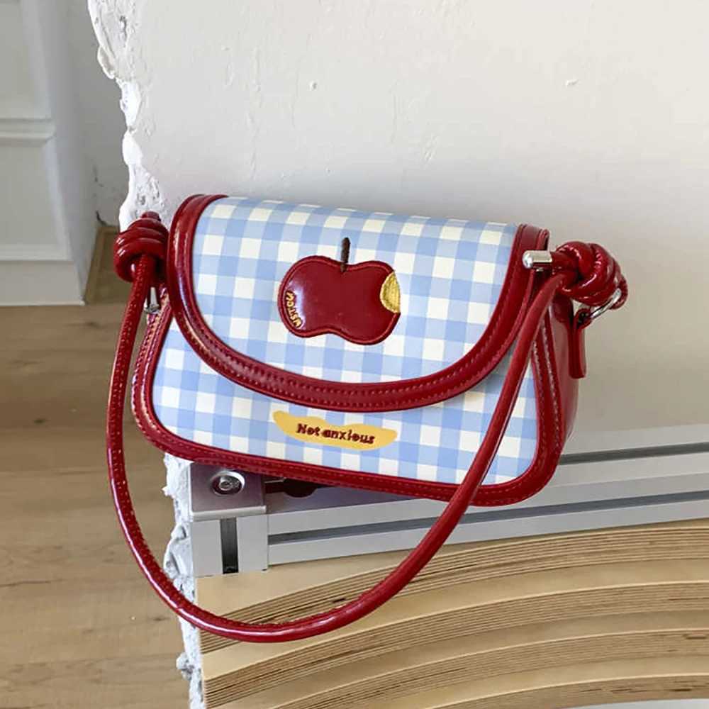 Fashion Contrast Color Plaid Crossbody Bags for Women 2025 New Trendy Apple Embroidery Flap Single Shoulder Bag Commuter HandbagT251007