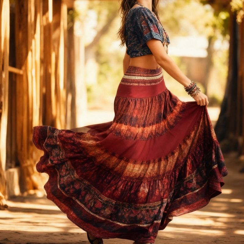 Women's Ethnic Style Flame Print Milk Silk Maxi Skirt Red Layered Ruffle Hem Vacation Skirt with Multi-color Pattern-CF56061