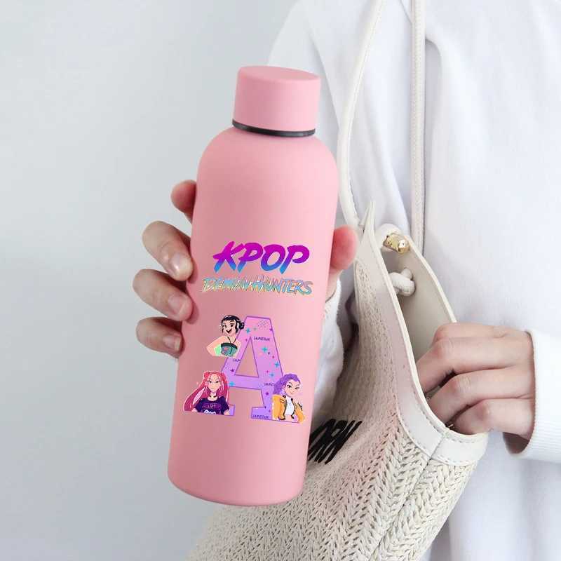 Kpop Demon Hunters Stainless Steel Insulated Cup Women Anime Letter Printed Water Cups Students Portable Fashion Water Bottle C251008