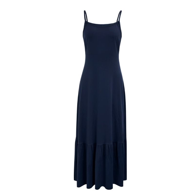 Women's Navy Blue Milk Silk Spaghetti Strap Maxi Dress Square Neck Bodycon Ruffle Hem French Elegant Summer Dress-CF52611