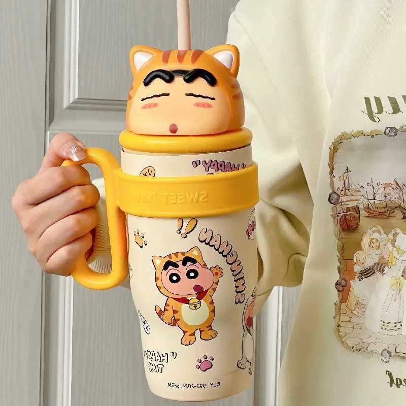 Crayon ShinChan Cartoon Handle Water Bottle 316 Stainless Steel Thermos Large Capacity Straw Cup Tabletop Bottle Children Gift C251008