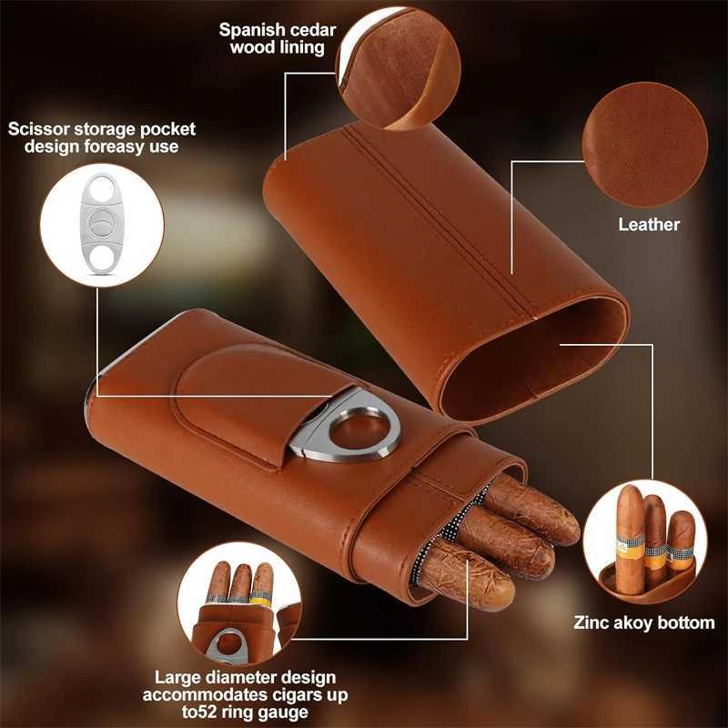 Leather Cigar Case ThreeFinger Cedar Wood Lining Travel Humidors for Cigars Cigar Accessories Y251008
