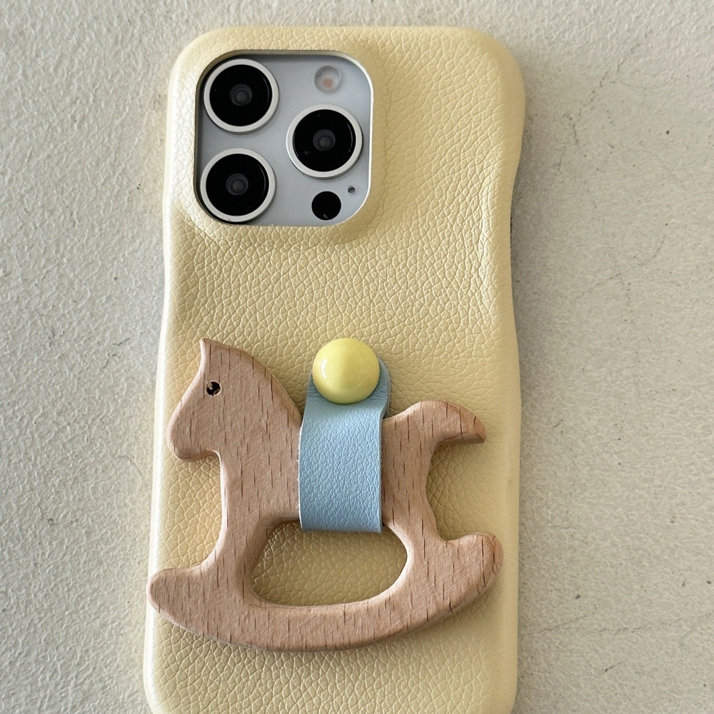 Work for iPhone 16 Pro Max Cover Protective Anti Slip Dopamine Cortex Wooden Horse Stand Phone Case Grip Cute Design Leather Touch Shockproof Case for