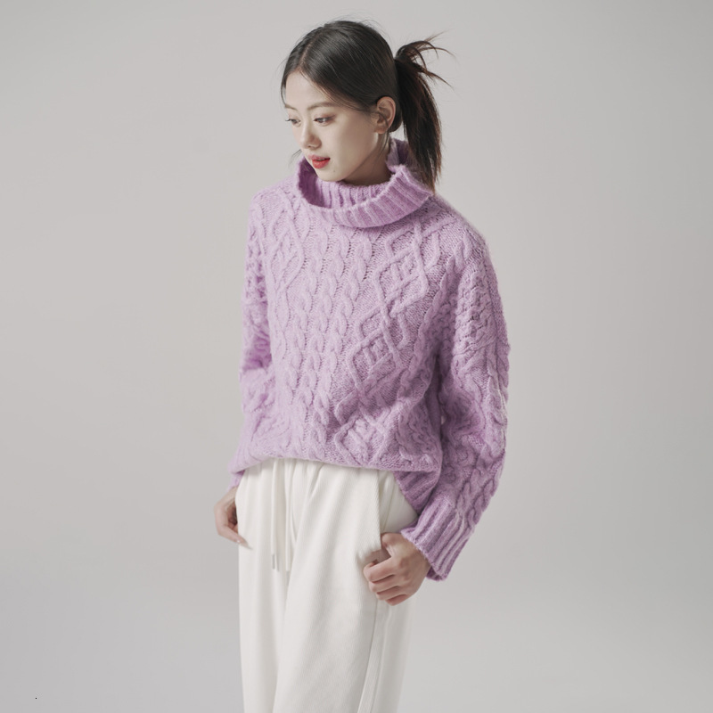 Casual Woman Purple Furry Ball Sweater Fashion Ladies Autumn Soft Mock Neck Knitwear Female Sweet Solid Color Knit Top 210515