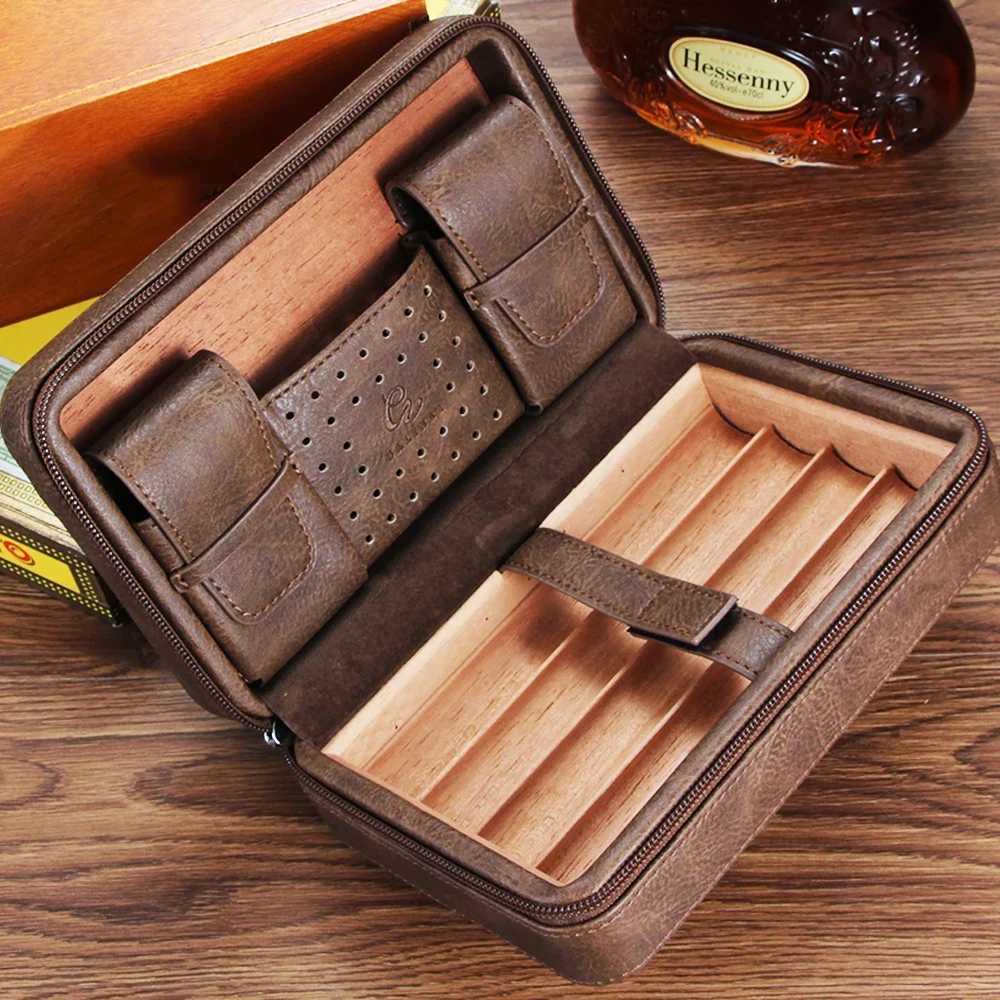 GNER Cigar Humidor Box Travel Leather Cigar Case Cedar Wood Lined Wwo Lighter Cigar Cutter Humidity Control Pack For Humidor Y251008