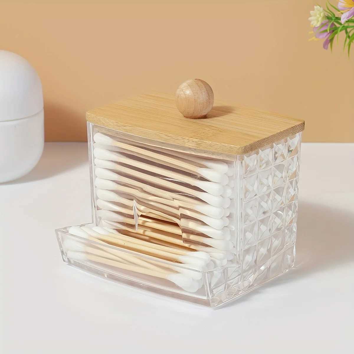 8oz Cotton Swab Holder Dispenser Clear Diamond Pattern Bathroom Organizer Accessories Decor for Storage Cotton Ball Holder Apoth C251008