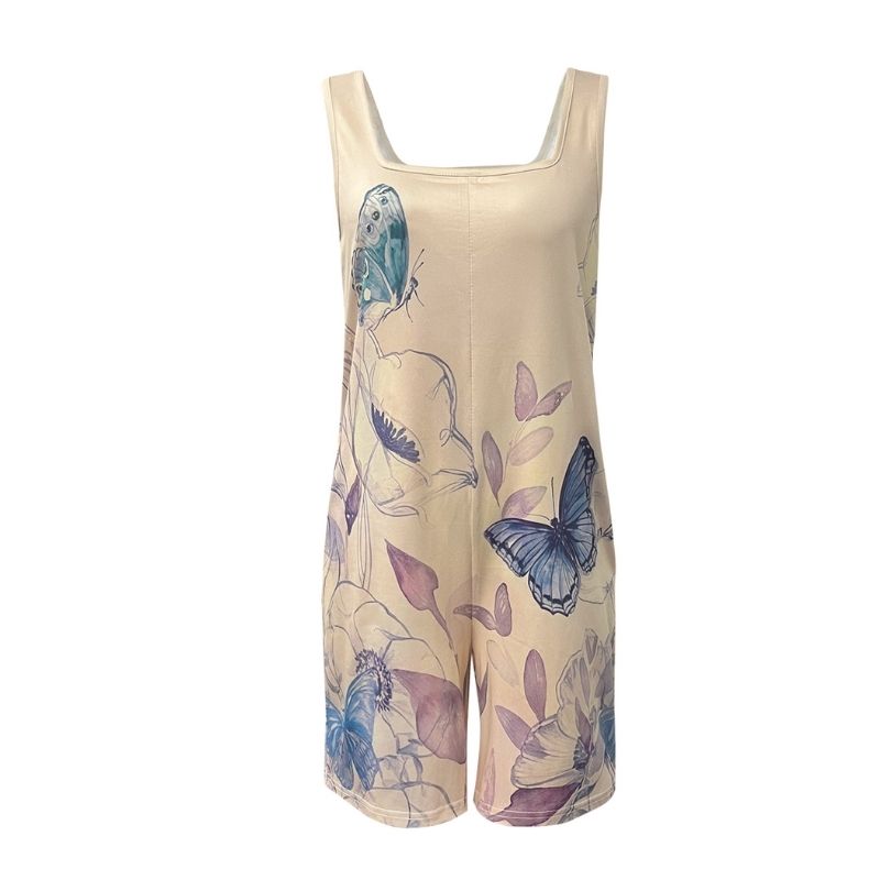 Women's Milk Silk Jumpsuit Butterfly Print Square Neck Sleeveless Wide Leg Beach Vacation Romper Light Beige-CF52471