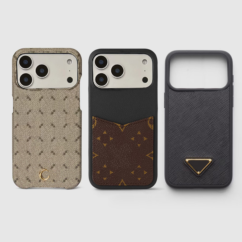 Designer Phone Case 17 Pro Max Golden Badge Luxury iPhone Case with Card Holder for iPhone 16 ProMax Cases 15 14 13 12 11 Plus Cell Phone Cases Leather Mobile Cover Metal