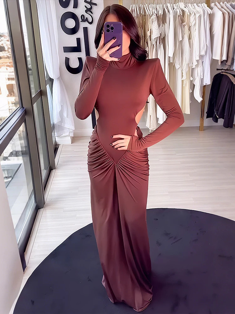 Weird Puss Backless Maxi Dress Women Long Sleeve Shoulder Pads Waistless Peach Buttocks Ruched Elegant Banquet Skinny Vestidos 251022