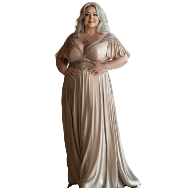 Plus Size Mother Of The Bride Dresses Deep V-Neck Champagne A-Line Satin Long Wedding Guests Party Gowns Short Sleeves Elegant Groom Mom Formal Wear