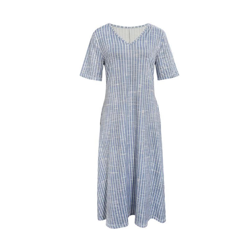 Women's Blue White Stripe V-Neck Short Sleeve Dress Milk Silk A-Line Midi Dress Vacation Style with Steel Accent-CF53887