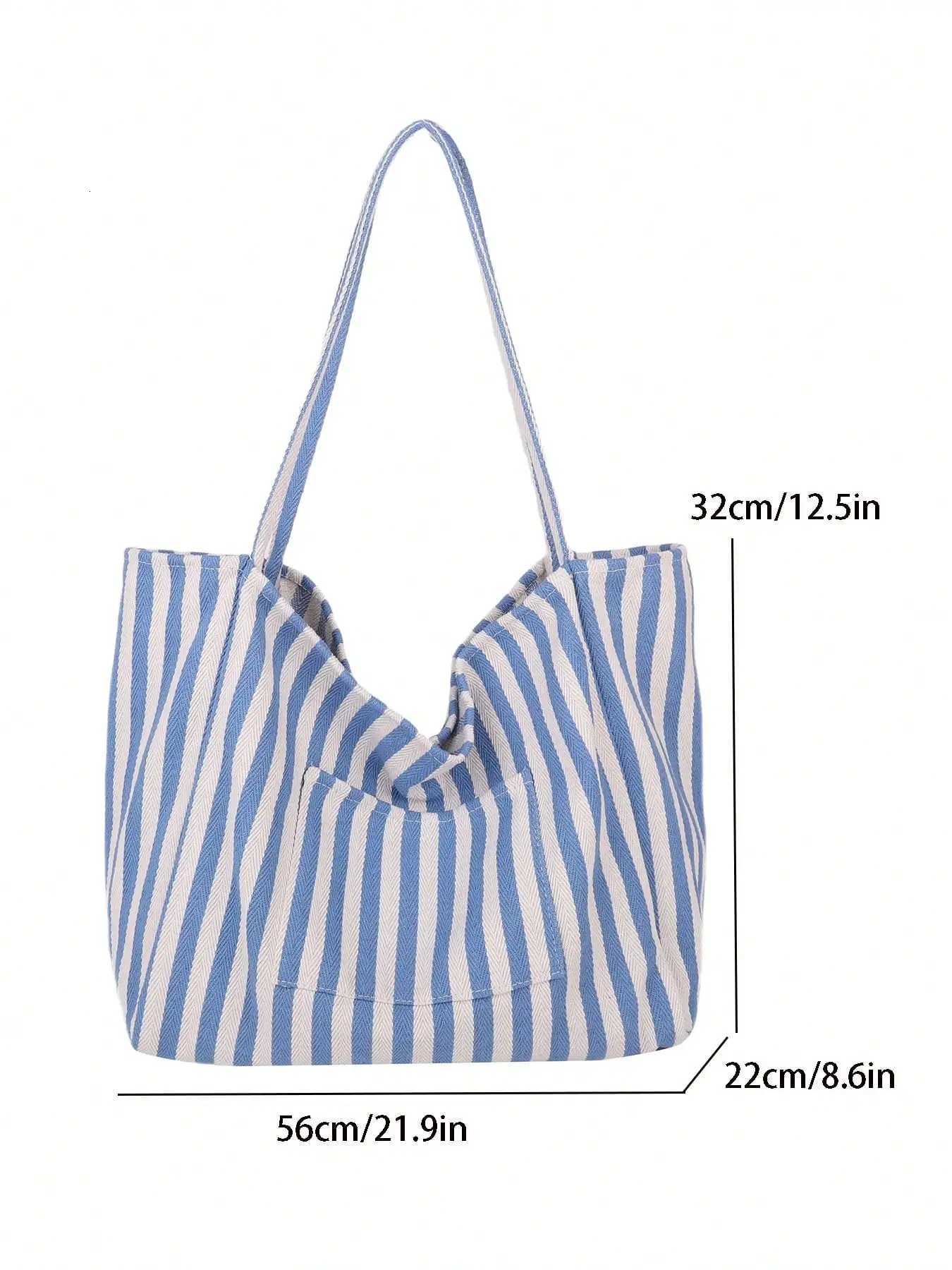retro chic striped canvas tote bag korean fashion casual spacious shoulder bag for women suitable for travel and vacationT251007