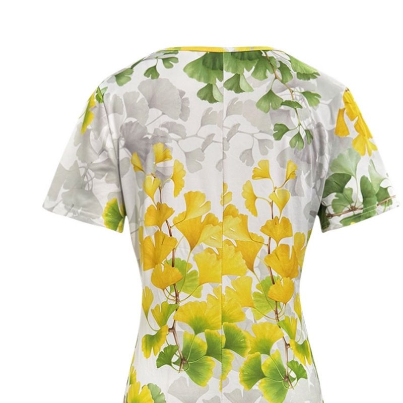 Women's Ginkgo Leaf Print V-Neck Short Sleeve Dress Milk Silk Midi Dress Mother Vacation Style Apricot Color-CF52715