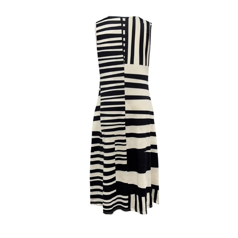 Women's Black White Stripe Milk Silk Sleeveless Maxi Dress Loose Round Neck Beach Vacation Dress-CF56169