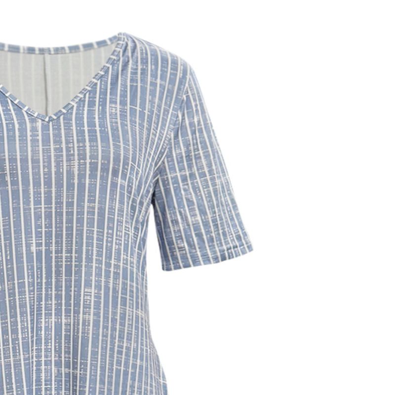 Women's Blue White Stripe V-Neck Short Sleeve Dress Milk Silk A-Line Midi Dress Vacation Style with Steel Accent-CF53887