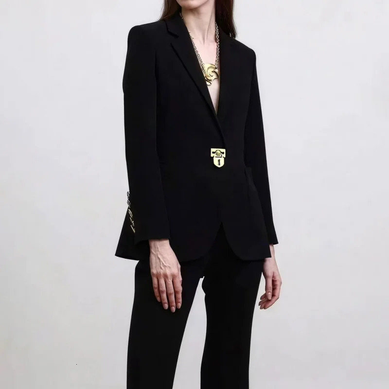 Fall Womens Notch Collar Padded Shoulder One Button Commute Y2K High Quality Fashion Simple Lock Blazer Jacket 2501008