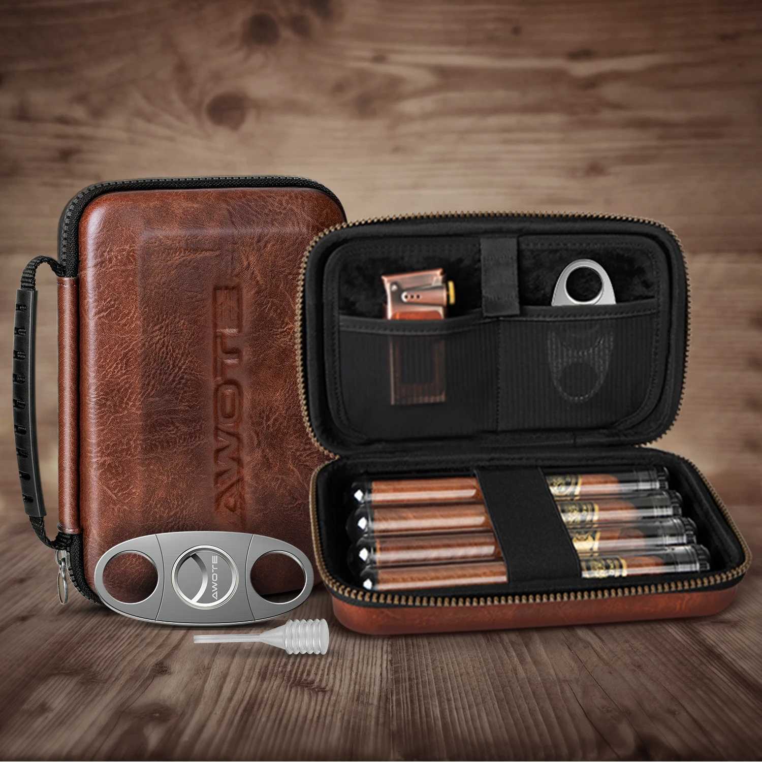 Travel Cigar Humidor Portable with 4 Cigar Tube Leather Cigar Case Include VCutter Cigar Accessories Gift for Cigar lovers Y251008