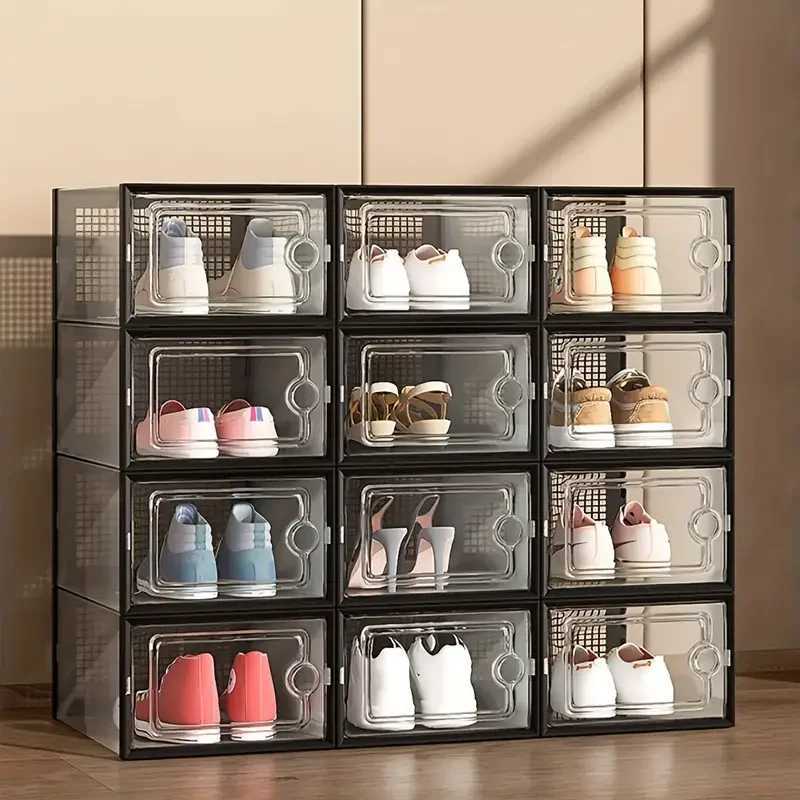 612 thick transparent shoe boxes with lids foldable and stackable shoe racks free combination plastic sports shoe containers C251008