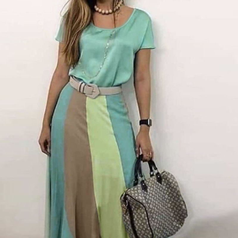 Women's Round Neck Short Sleeve Dress Vertical Stripe Midaxi Dress Casual Office Wear Mixed Colors-CF52723