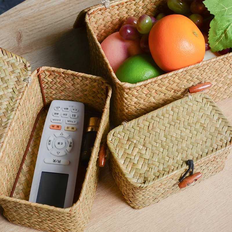 Storage Shelf Basket with Lid Rectangular Handmade Seagrass Rattan Woven Makeup Organizer Multipurpose Container Natural Box for C251008