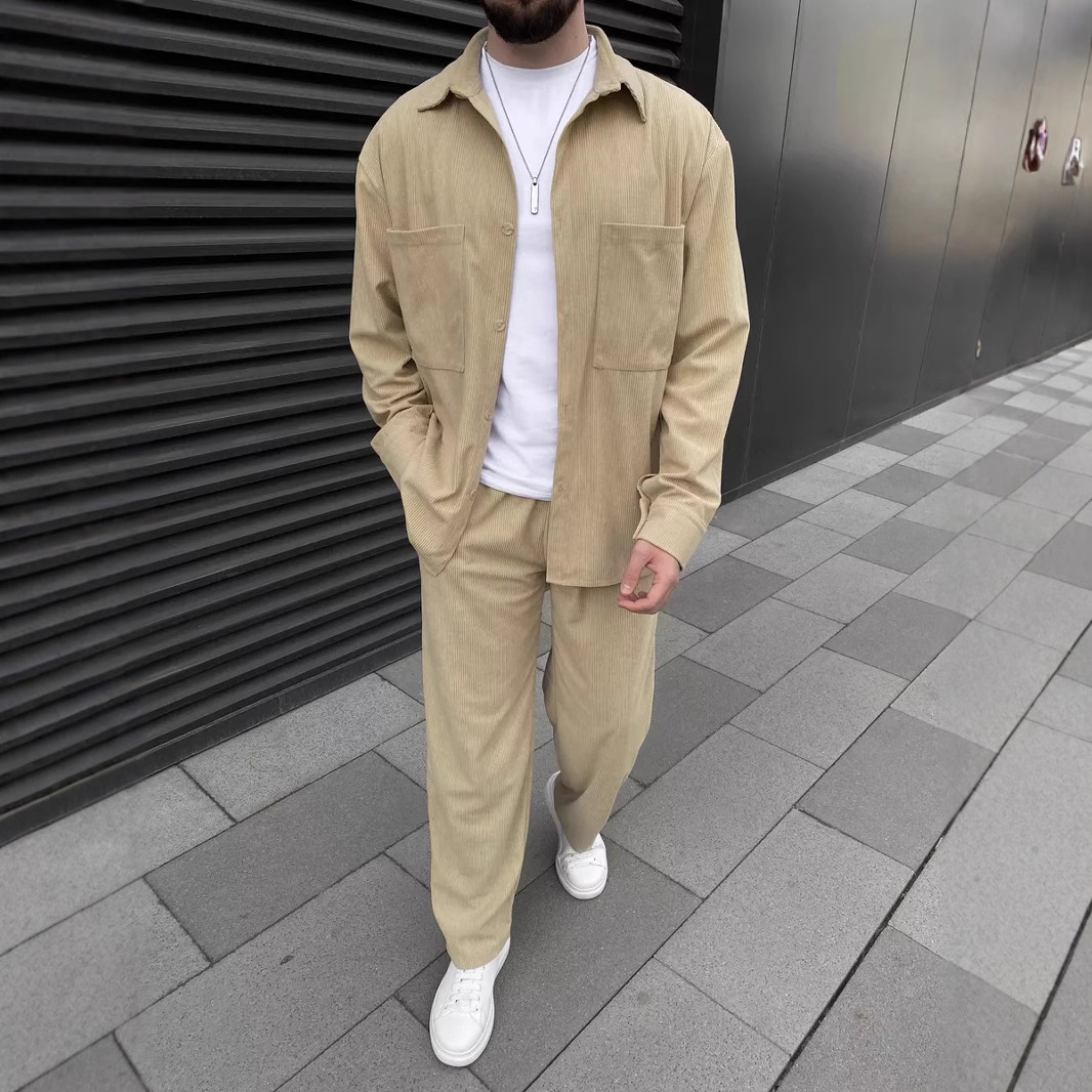 mens tracksuit 2025 Spring Fall Men's Corduroy Set Long Sleeve Shirt Jacket with Casual Trousers Matching Outfit European size: S-3XL