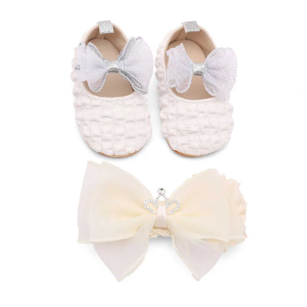 Baby Girl Bow Hair Accessory with Princess Shoes Nonslip Rubber Sole Learning Shoe C251008