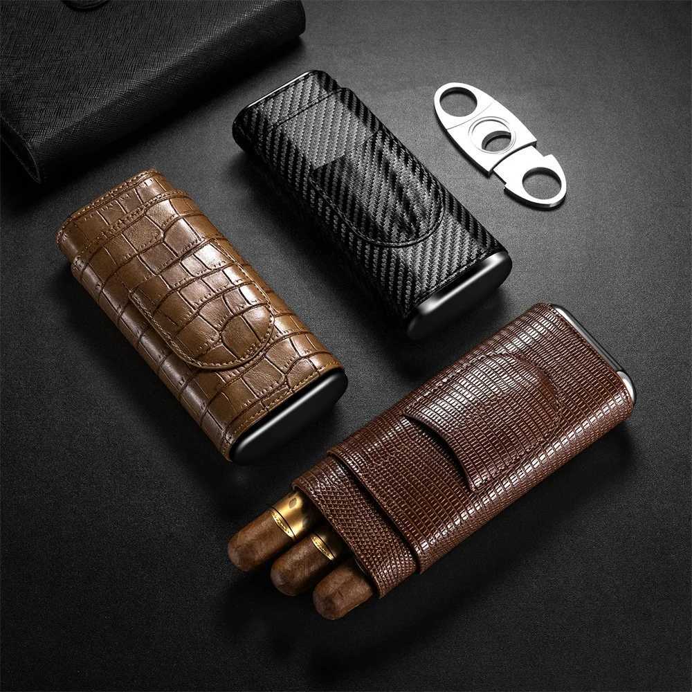 3pack Cigar Case Luxury Portable Leather Holder Box Storage with Stainless Steel Sharp Cigar Cutter Smoking Accessories CH24FA Y251008