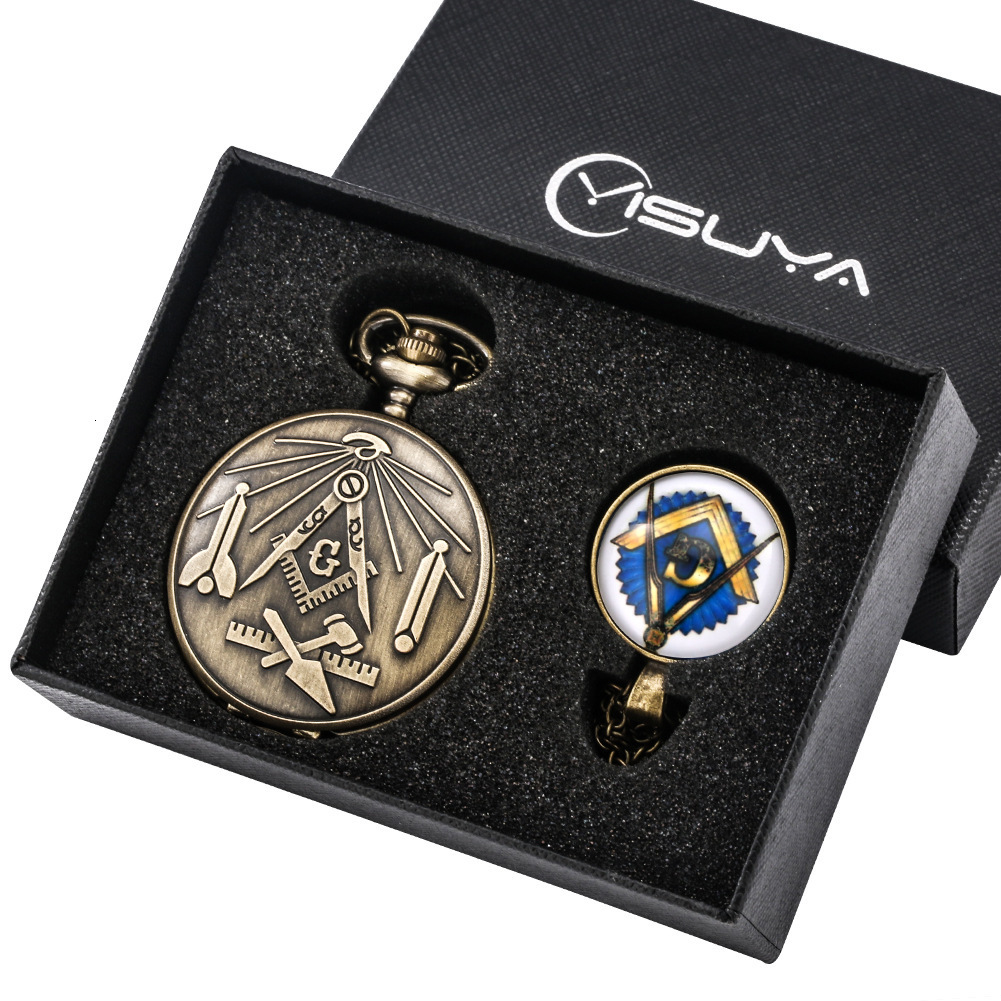 Hidden Meanings of Freemason Symbols G Quartz Pocket Watch with Necklace Sets Pendant Chain Jewelry Clock Gifts for Men Women 250529