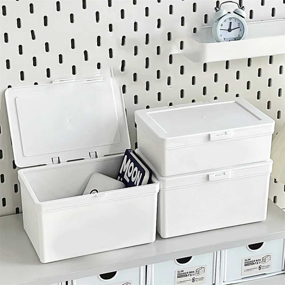 White Storage Box Stackable Sundries Storage Organizer With Cover Dustproof Stationery Storage Case Home Organization Holder C251008