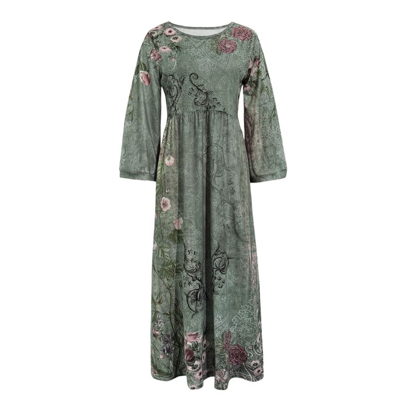 Women's Floral Print Milk Silk Mid-Sleeve Dress Army Green Loose A-Line Maxi Dress Spring Summer Vacation Outfit-CF56032
